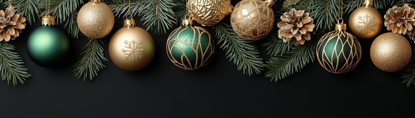 Luxurious gold and green Christmas decorations in a detailed pattern on black