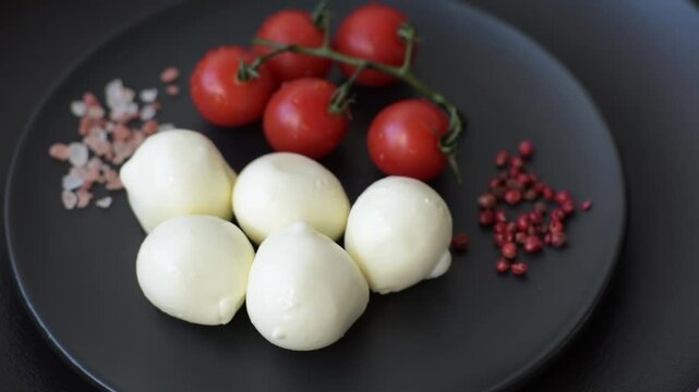 Delicious fresh mozzarella cheese with tomatoes, salt and spices on a dark concrete background