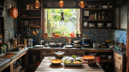A traditional kitchen setup in a som tum restaurant, serving nam tok moo in a homely atmosphere