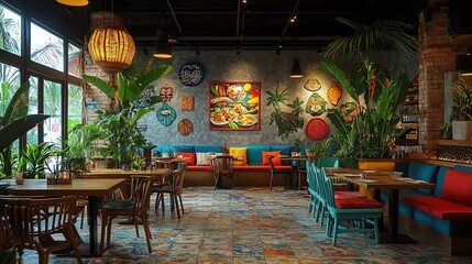 A vibrant decoration in a som tum restaurant with a lively atmosphere, featuring tom yum and friendly conversations