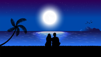 A silhouette of a couple sitting on a beach, gazing at the full moon over the ocean, with palm trees and a small island in the background