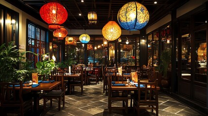 A vibrant decoration in a som tum restaurant with a lively atmosphere, featuring tom yum and friendly conversations