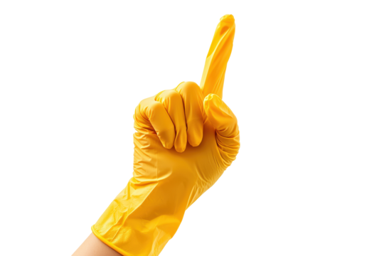 PNG Image of Hands in yellow gloves show one fingers isolated white background