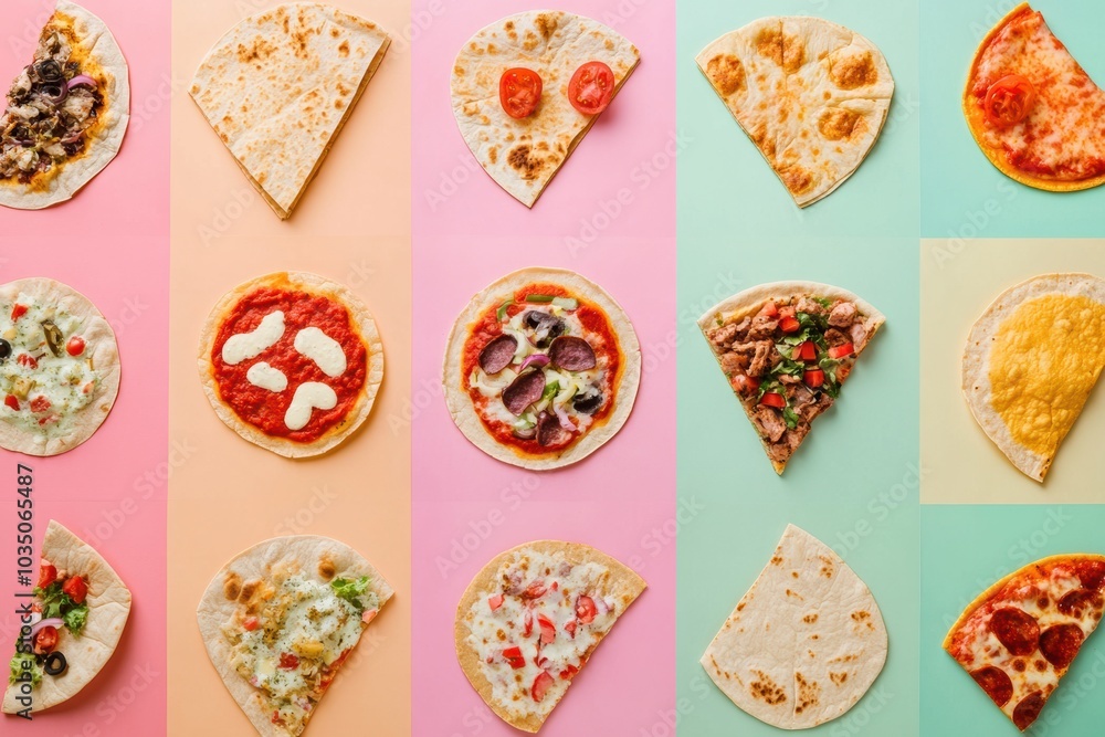 Poster a vibrant assortment of tacos and pizza pieces is displayed in a geometric layout at a bustling stre