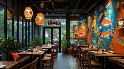 A vibrant decoration in a som tum restaurant with a lively atmosphere, featuring tom yum and friendly conversations