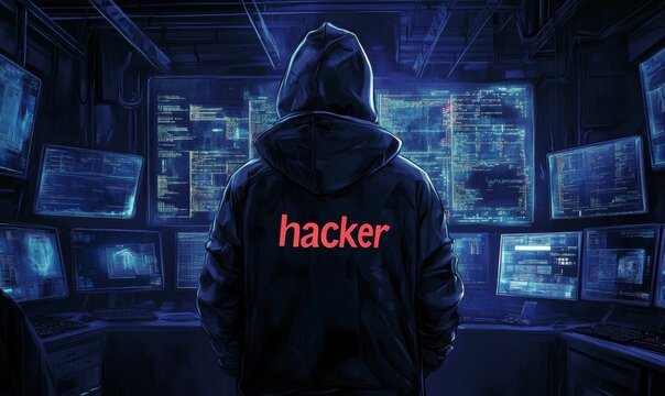 Hooded hacker in front of computer screens.
