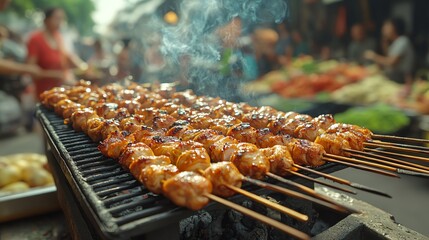 A vibrant image of a street-side grilled chicken vendor, with juicy chicken skewers on the grill, smoke rising, and a busy market scene in the background
