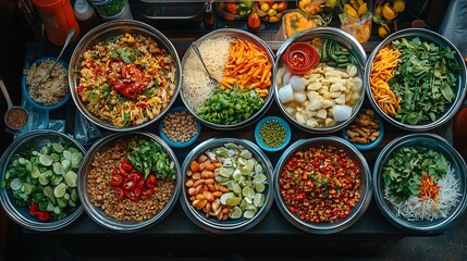 A vibrant image of a street-side Som Tum vendor, showcasing colorful ingredients and a busy atmosphere, capturing the essence of Thai street food culture