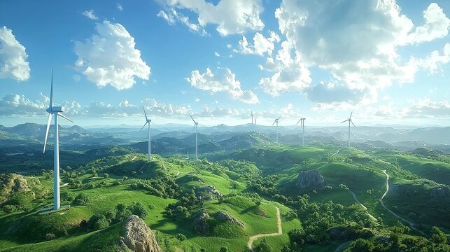Eco-Friendly Power Generation: Stunning Green Energy Wind Turbines in a Lush Field (Octane Render, 32k UHD)