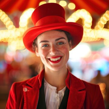 Portrait of a smiling female ringmaster at the circus with festive lights in the background