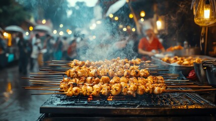 A vibrant image of a street-side grilled chicken vendor, with juicy chicken skewers on the grill, smoke rising, and a busy market scene in the background
