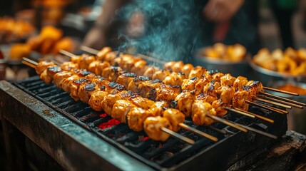 A vibrant image of a street-side grilled chicken vendor, with juicy chicken skewers on the grill, smoke rising, and a busy market scene in the background