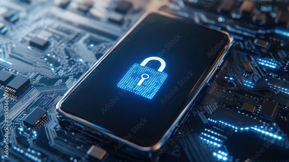 Poster smartphone with digital lock icon over circuit background
