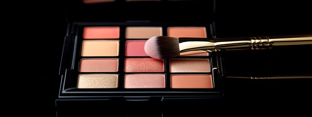 A makeup palette with blushes and brushes, set against a black background
