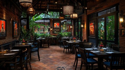 A warm setting with tables and chairs in a som tum restaurant, featuring grilled chicken and the art of grilling