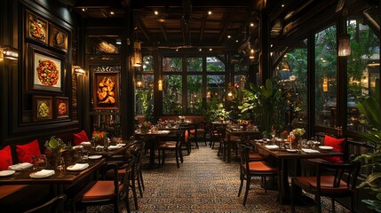 A warm setting with tables and chairs in a som tum restaurant, featuring grilled chicken and the art of grilling