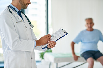 Man, doctor or hands with clipboard for patient history, symptoms or diagnosis at hospital. Male...