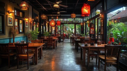 A warm setting with tables and chairs in a som tum restaurant, featuring grilled chicken and the art of grilling