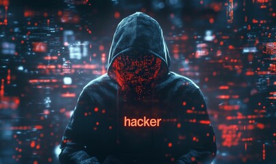 Hooded figure with red code and "hacker" text.