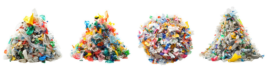 Piles of Mixed Plastic Waste isolated on a transparent PNG background, white background , cut out, clipping path