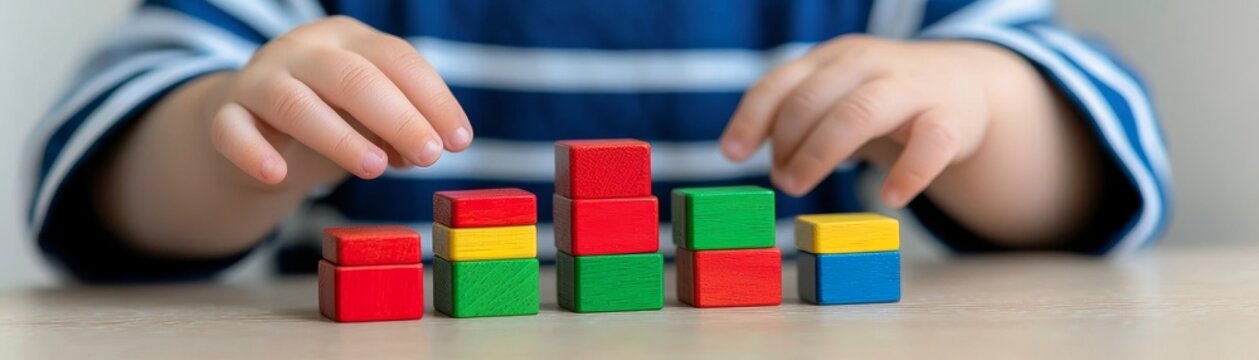 Tiny Hands, Big Dreams, A toddler carefully arranges colorful wooden blocks, building a tower