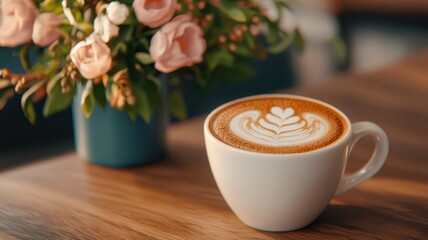 Artistic tulip latte art in a serene caf? setting, perfect for adding your text in a soft, inviting background.