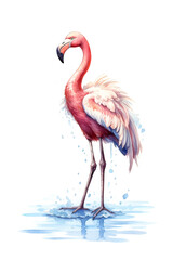 A pink flamingo stands on a wet surface.