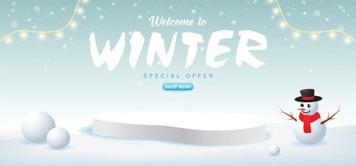 Winter sale 3d with podium for special offer and shop now with snow and ice season with the winter theme.