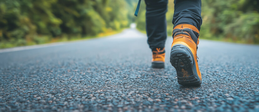 back view of a backpacker's feet walking on an empty asphalt road