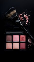 A makeup palette with blushes and brushes, set against a black background