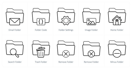 A set of 10 Folder icons as email folder, folder code, folder settings