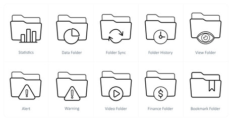 A set of 10 Folder icons as statistics, data folder, folder sync