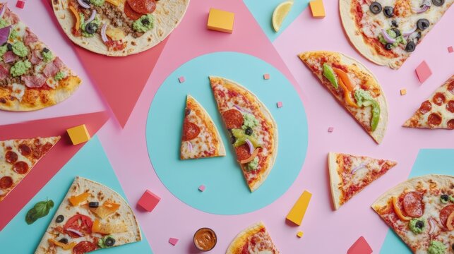 A variety of street food items like tacos and pizza are artfully arranged in geometric patterns, creating an inviting culinary display. Generative AI