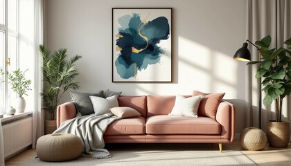 Cozy Living Room with Pink Sofa and Abstract Artwork  
