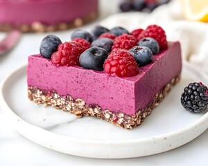 A vibrant berry dessert square topped with fresh raspberries and blueberries on a crunchy base, served on a clean white plate.