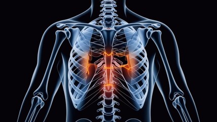 an X-ray illustration of the human skeletal system, showcasing the bones and highlighting any fractures or abnormalities