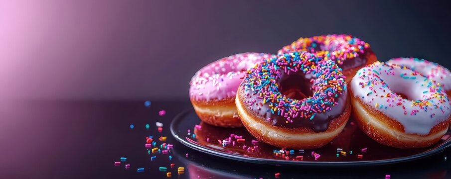 Delicious chocolate-dipped donuts adorned with vibrant rainbow sprinkles on a sleek glossy tray.