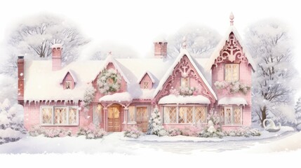 Fototapeta premium Twilight falls on a pink house decorated with christmas lights and surrounded by a snowy landscape