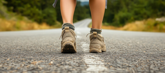 back view of a backpacker's feet walking on an empty asphalt road
