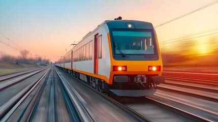 A modern train speeds along tracks at sunset, showcasing vibrant colors and motion, capturing the essence of travel and adventure.