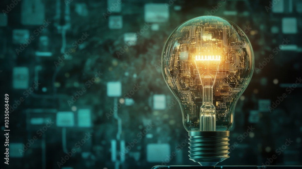 Poster light bulb with circuit design inside glowing on dark background suggesting innovation