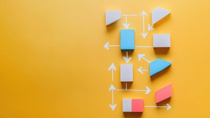 Colored blocks with arrows illustrating decision tree on yellow background