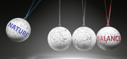 Nature and Balance - cause and effect relationship. A Newton cradle metaphor showing how nature results in balance. It initiates balance. ,3d illustration