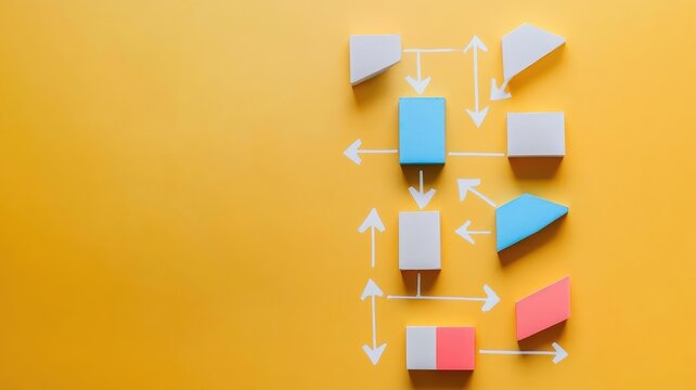 Colored blocks with arrows illustrating decision tree on yellow background
