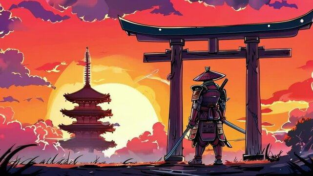 Cartoon Samurai Guardian of the World Gate