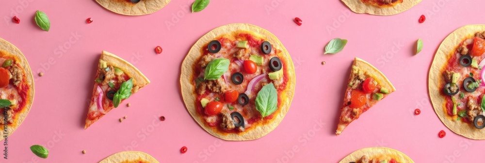 Poster tacos and pizzas arranged in an eye-catching geometric design create a fun and inviting street food 