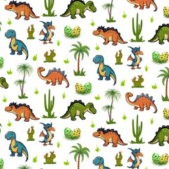 Obraz premium Pattern with dinosaurs and palm trees.Vector seamless pattern with animals, palm trees and cacti on transparent background.