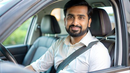 An Indian driver wearing a seatbelt, promoting road safety.
