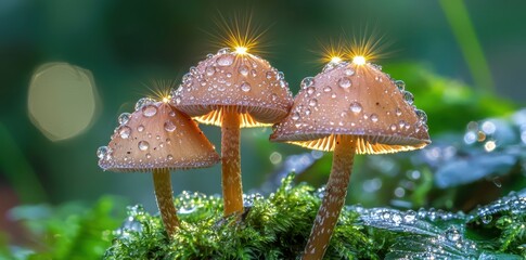 Glowing forest mushrooms adorned with water droplets in the enchanting early morning sunlight.