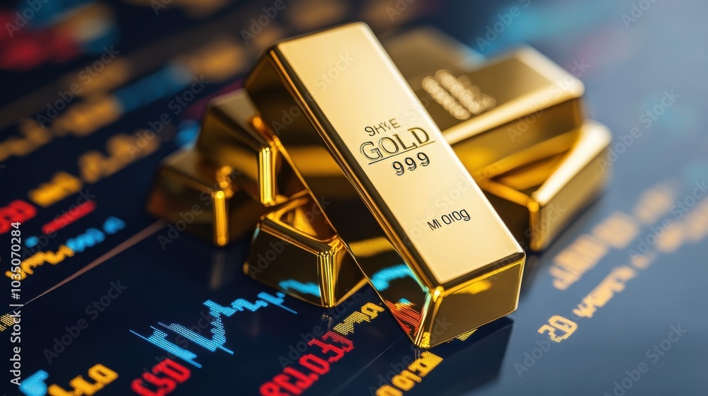 Poster shiny gold bar on a digital screen with stock numbers in the background